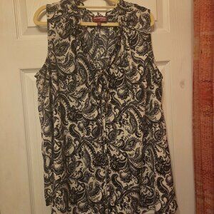 Downing Studio Black Ivory Paisley Ruffle Neck Sleeveless Blouse Plus Size 2X